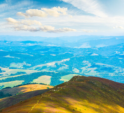 mountainous countryside scenery in the afternoon. view of cloudy sky above the valley. colorful meadows and trees on hill in dappled light. beautiful nature scenery of carpathians. remote outdoors
