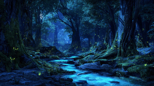 Enchanted Forest at Night with Glowing Blue River and Fireflies Among Mossy Trees