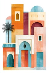 Naklejka premium Abstract collage featuring iconic Marrakech architecture with colorful buildings, arches, and palm trees, showcasing the vibrant culture and design of Morocco