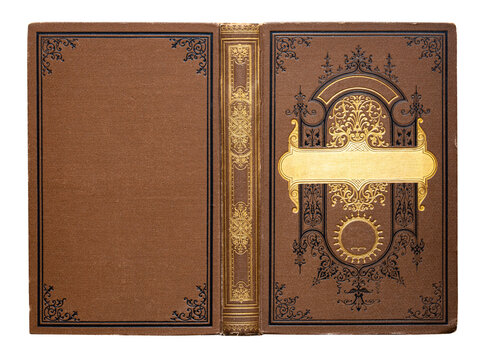 Antique hardcover book with an ornate decorative binding made of cloth and illustrated cardboard, featuring rich gold embossing and vivid colors. Isolated on a white background 