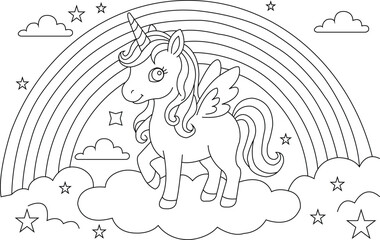 Obraz premium Unicorn with rainbow and clouds black and white line drawing
