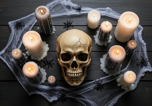 A macabre scene featuring a skull surrounded by lit candles and spiderweb decorations