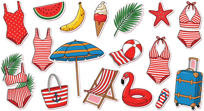Collection of summer beach vacation stickers featuring swimsuits watermelon ice cream umbrella flamingo float suitcase and tropical palm leaves flat vector illustration.