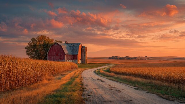 Warm Evening Light on Rural Farmland with Silhouetted Barns and Fences
