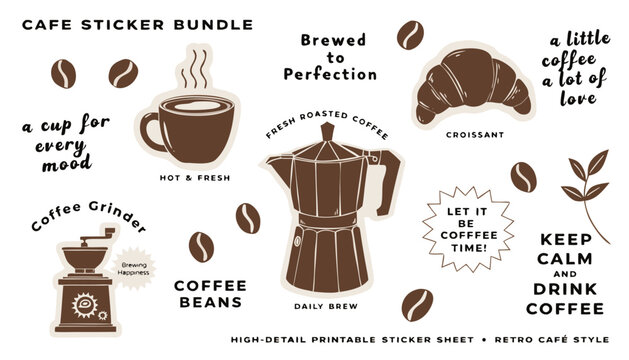 Cafe sticker bundle with various coffee-related items and quotes in a retro style, high-detail printable sheet