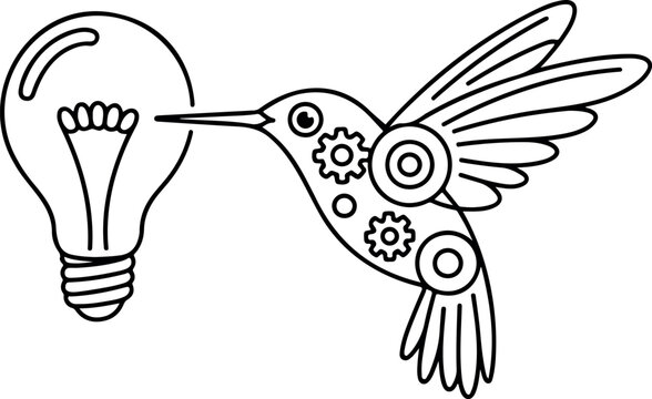 Mechanical hummingbird robot with gear clockwork mechanism flying towards glowing light bulb idea discovery concept.