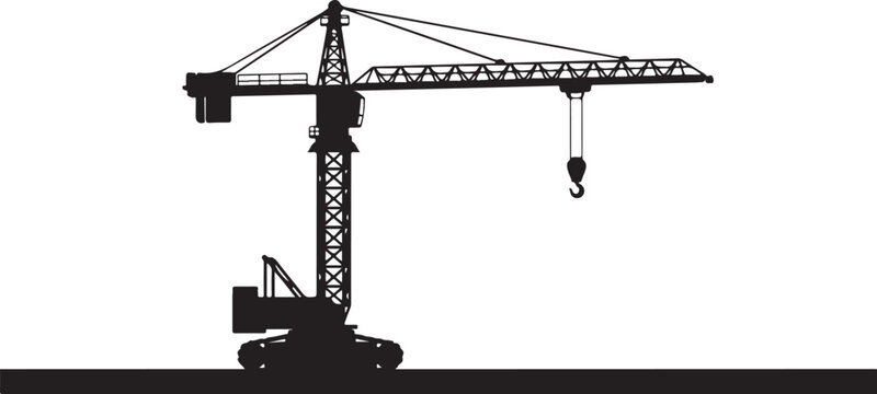 Construction crane, tower crane silhouette, black construction equipment, industrial icon