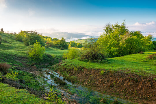carpathian mountain landscape on a foggy morning. outdoor adventure with stunning view in morning light. countryside landscape with rolling hills, fog and blue sky