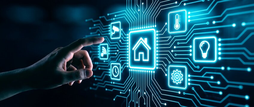 Smart home automation system interface, futuristic digital house control panel on circuit board, hand touching glowing blue IOT icons