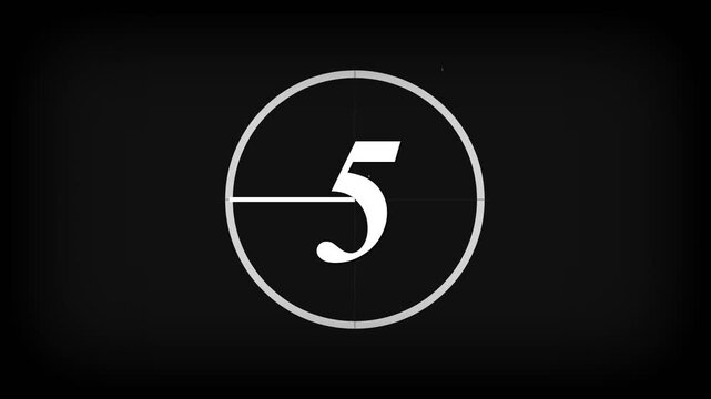 Retro film leader countdown featuring a stylized white number within a rotating clock-face circle. The aesthetic mimics classic cinema projectors with a vignette on a dark background