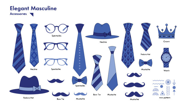 Elegant masculine accessories including ties hats glasses mustache crown