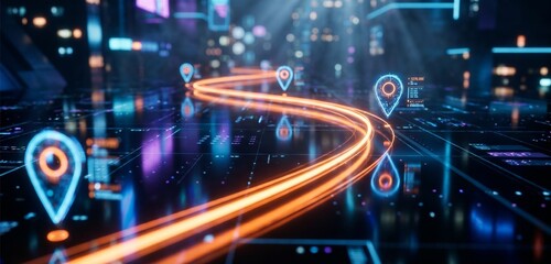 Glowing roadmap path with checkpoints on dark background, business strategy and project milestone concept featuring progress, navigation, customer journey and future success planning © lamin