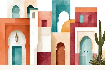 Fototapeta premium Abstract collage of iconic Marrakech architecture featuring colorful buildings, arches, and decorative elements, showcasing the unique design and cultural essence of the region