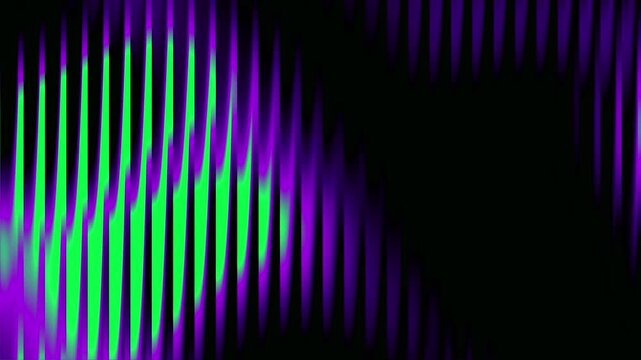 Reeded glass purple green neon wave motion background, fluted glass effect animation, abstract violet lime light curtain fractal pattern, futuristic seamless overlay