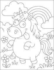 Fototapeta premium Line drawing of a happy unicorn with a rainbow and flowers