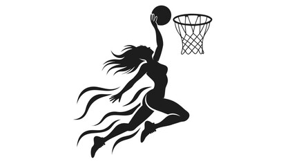 Female basketball player in a powerful slam dunk action, vector silhouette with dynamic hair and flames © Sadhin07