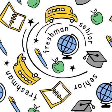 Colorful seamless school pattern with bus, globe, notebook, apples, pens, and graduation cap icons.