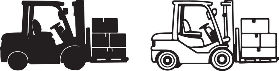  line art and silhouette of a fork lift truck with boxes silhouette vector © Ajmot