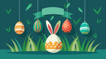 Easter greeting card background with colorful hanging eggs and bunny ears © Sadhin07