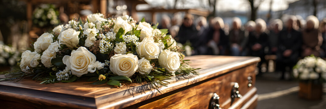 White roses adorn a wooden casket at an outdoor funeral ceremony for female Caucasian adults who are mourning in soft sunlight.