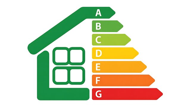 Energy efficiency rating chart, house icon with A to G labels, color-coded scale