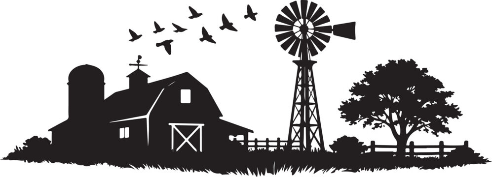 Silhouette of rural farm scene with barn windmill and flying birds also white background