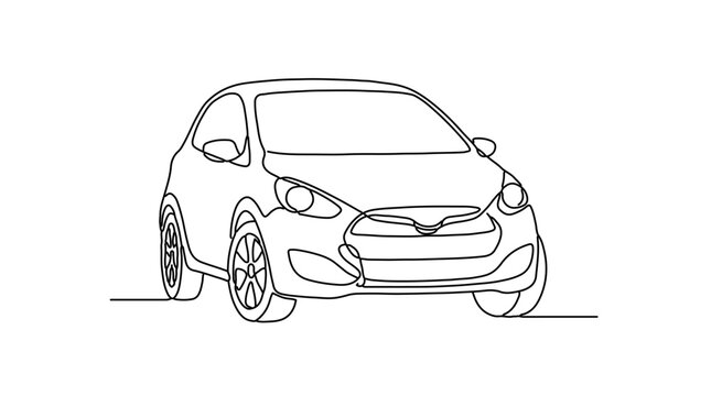 Continuous line art of compact car front‑left view, minimalist black‑and‑white design symbolizing motion, precision, and modern engineering