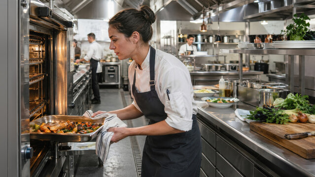 A focused female, chef slides a roasting pan into a glowing oven in a stainless steel commercial kitchen while coworkers prep dishes in the background.