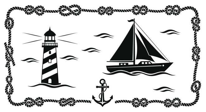 Nautical black and white illustration of lighthouse sailboat and anchor
