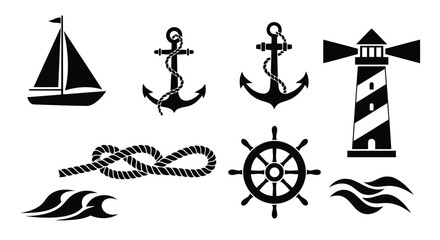 Nautical icons set with sailboat, anchors, lighthouse and rope © EmayetHossen