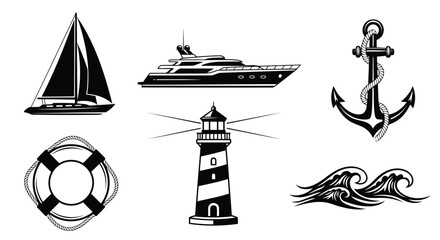 Nautical icons set with sailboat, yacht, anchor, lifebuoy, lighthouse, and wave © EmayetHossen