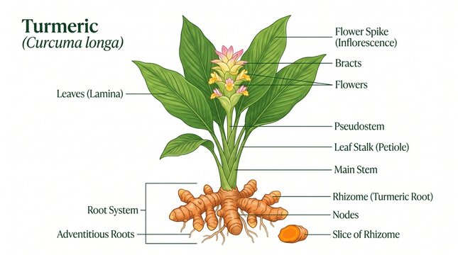 Botanical Turmeric Plant with Root and Green Leaves Flat Vector Illustration