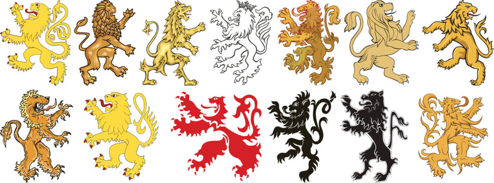 Collection of heraldic rampant lion icons in various traditional styles including royal gold red and black silhouettes for vintage coat of arms.