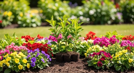 Naklejka premium Lush greenery and blooming petals fill a meticulously designed garden bed as new saplings are settled into rich soil on a bright sunny day, roots, outdoor, aesthetics