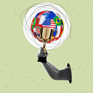 Art collage. A winner's trophy on social media as a symbol of success. Soccer international fan team.