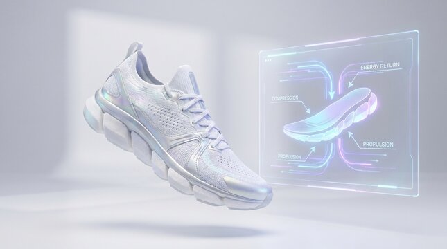 Holographic display with futuristic running shoe