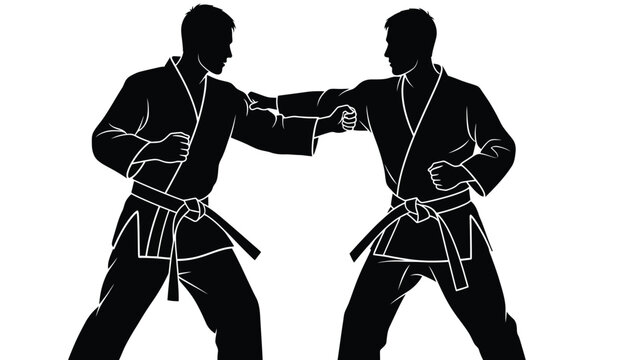 Two male martial artists practicing combat dynamic pose black silhouette on a white background silhouette high quality professional detailed modern elegant stylish clean crisp
