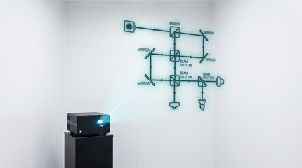 Fototapeta premium Laser projector displaying holographic flowchart on wall