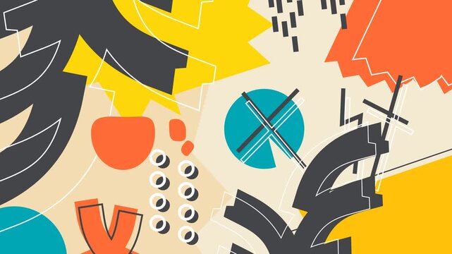 Seamless loop animation of various irregular shapes in multi-color swaying against each other in a free expression Memphis style with black, cream, orange, green, and yellow tones