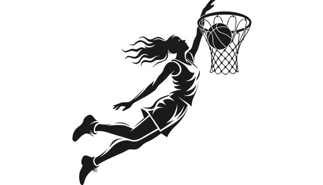 Female basketball player slam dunking in silhouette