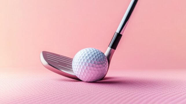 Golf ball perfectly poised in front of a shiny metallic golf club on a textured pink surface, ready for a playful tee-off