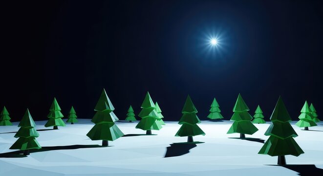Stylized lowpoly evergreen trees scattered across a snowy night terrain illuminated by a bright radiant star in a dark minimalist sky, outdoors, night, minimalist