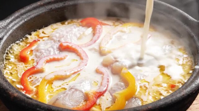 Authentic Brazilian Moqueca fish stew preparation, showing thick coconut milk flowing over colorful vegetables in a rustic clay pot, 4K cinematic.