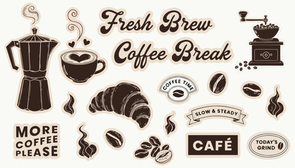 Vintage coffee break sticker collection with hand drawn illustrations and typography © Sadhin07