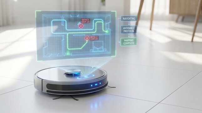 Robot vacuum with floating holographic map flowchart on floor