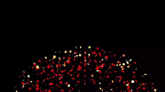 Colorful square confetti and glitter explosion rain falling from top to bottom on black background, vibrant multi-color particles for party, celebration, birthday, and wedding overlay.