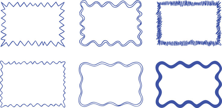 Collection of blue decorative rectangular borders with wavy zigzag and hand drawn scribble lines