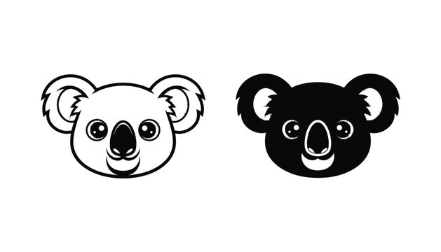 Cute koala bear head portrait line art and solid black silhouette graphic design element