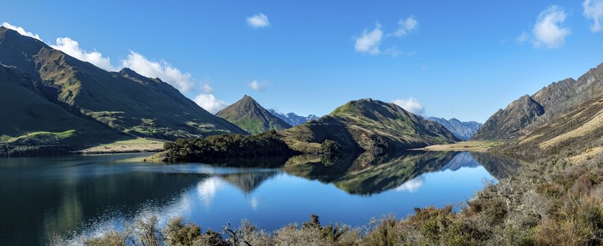 Panorama, mountains reflected in a lake, Moke Lake near Queenstown, Otago, South Island, New Zealand
