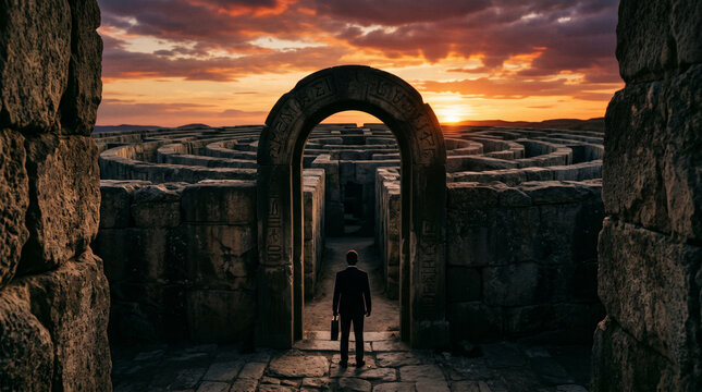 Businessman at the Entrance of a Stone Labyrinth Challenge